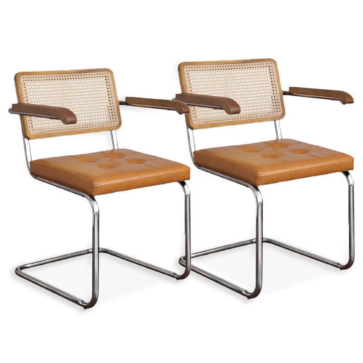 SEEDWAVE Lot de 2 Chaises Cantilever de Salle à Manger avec Tressage Viennois, Accoudoirs en Bois Massif et Assise en Cuir PU, Design Vintage pour Salle à Manger et Salon