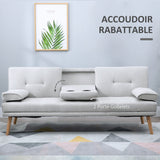 HOMCOM Canapé Convertible 3 Places Design scandinave Inclinaison Dossier réglable 3 Niveaux Dossier Centrale Rabattable 2 Porte-Verres Bois Massif Lin Gris Clair