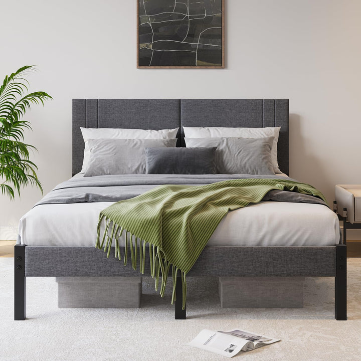 DUMEE Cadre de lit king size de 1,5 m avec tête de lit rembourrée, cadre de lit rembourré avec support à lattes en métal, lit king size gris