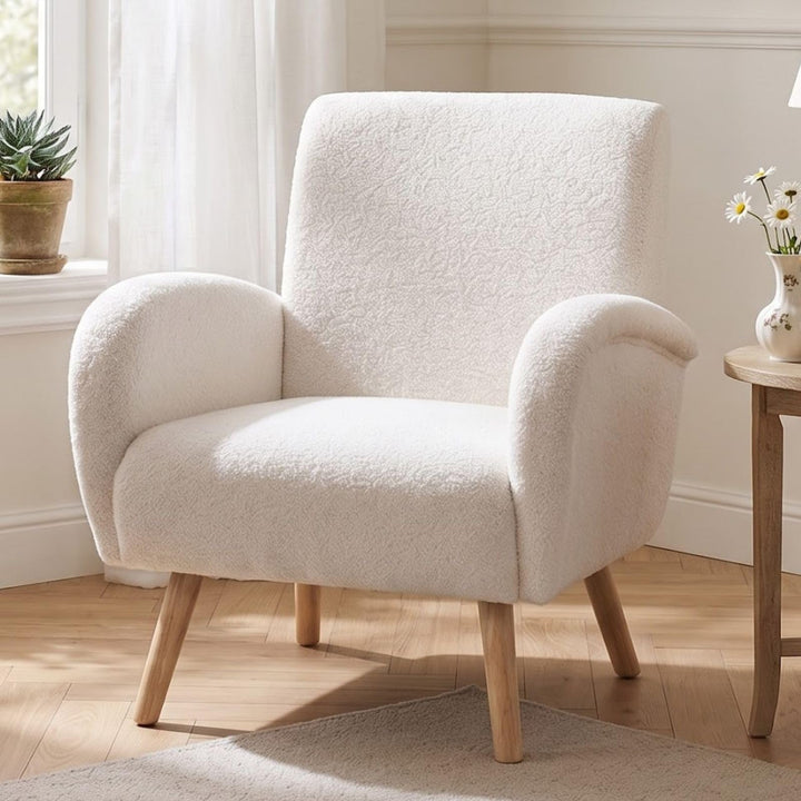 chairus Fauteuil de Loisirs en Fausse Fourrure Modern Chaise de Relaxation pour Salon Sofa de Chambre avec Pieds en Bois (Blanc)