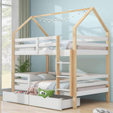 Lit cabane Enfant 90x200 avec Grands tiroirs,lit Mezzanine 90x200,lit superposé 2 Places 90x200,lit Enfant en Forme de Maison,lit Double,lit Maison en Bois de pin pour Enfant 90 x 200 cm,Blanc Bois