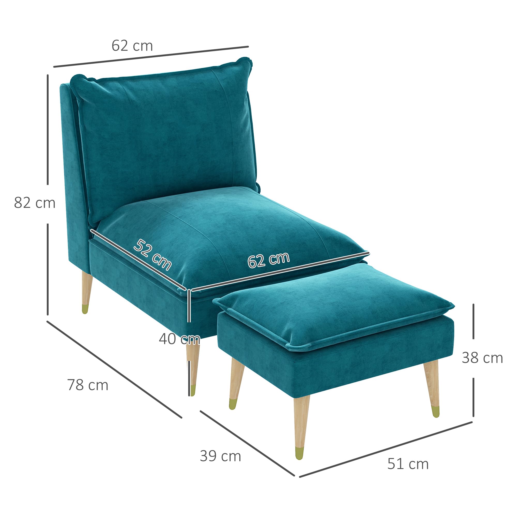 HOMCOM Fauteuil de Relaxation avec Repose-Pieds Fauteuil Relax de Salon avec Pieds en Bois d'hévéa revêtement Aspect Velours Bleu