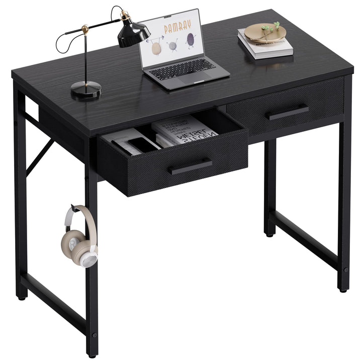 PAMRAY Petit Bureau d'ordinateur de 80 cm avec 2 tiroirs pour Chambre, étude, écriture, Bureau à Domicile pour Petits espaces, Noir
