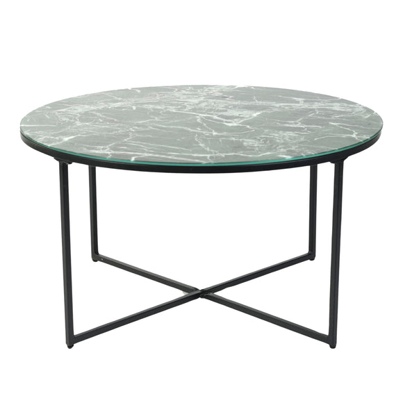 Urban Meuble Vert Basses Rondes Plateau Marbre Pieds en Métal Table d'appoint de Canapé en Verre, 80x80x43cm, 80 x 80 × 43 cm