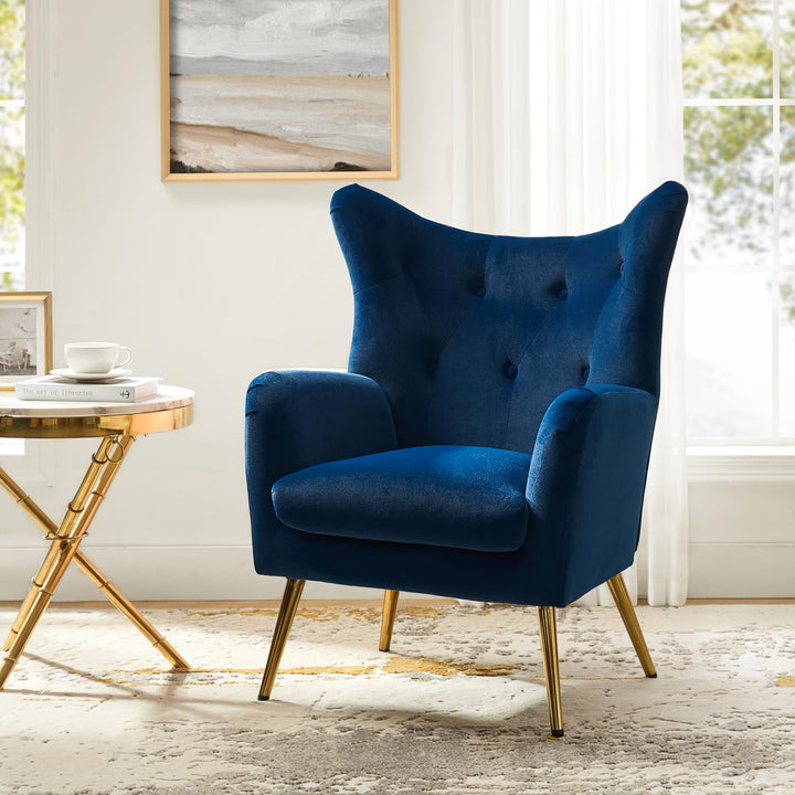 HULALA HOME Fauteuil de lecture confortable, à oreilles, rembourré, avec pieds en métal doré, confortable, en velours, pour salon, chambre à coucher, bleu