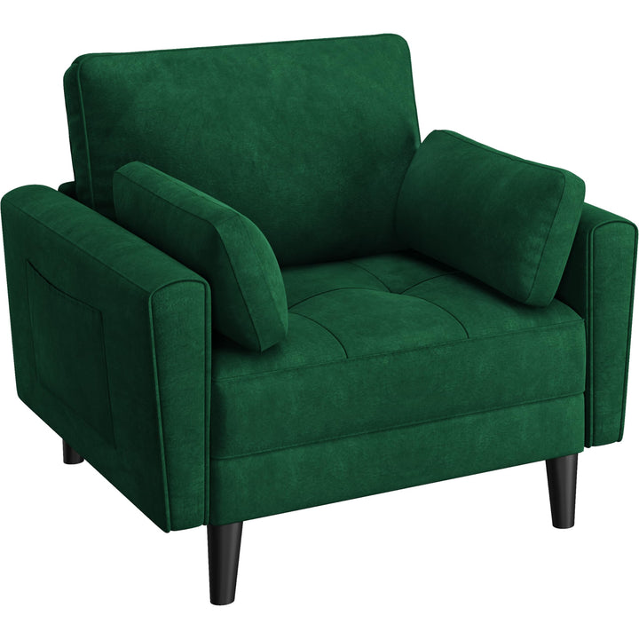 Yaheetech Fauteuil de Salon Moderne avec Accoudoir et Poches Chaise Relax avec Coussins Cadre en Bois Fauteuil Chambre en Tissu pour Salon Vert