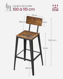 VASAGLE Tabouret Bar Industriel, Lot de 2, Chaise Bar Cuisine, avec Dossier, Cadre en Acier, Montage Facile, Style Industriel, Marron Rustique et Noir d'encre LBC078B01