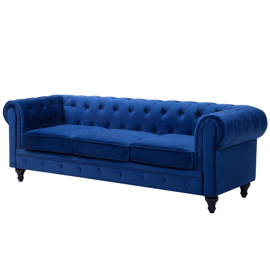 Canapé 3 Places en Tissu Bleu Assise Rembourrée Large Dossier Points Chesterfield Canapé 3 Places en Tissu Bleu Assise Rembourrée Large Dossier Points Chesterfield