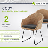 Juskys Ensemble de 2 fauteuils en Osier Cody avec Coussins - chaises en rotin d'intérieur et d'extérieur - Chaise pouvant Supporter jusqu'à 100 kg - chaises en rotin Modernes - chaises Naturelles