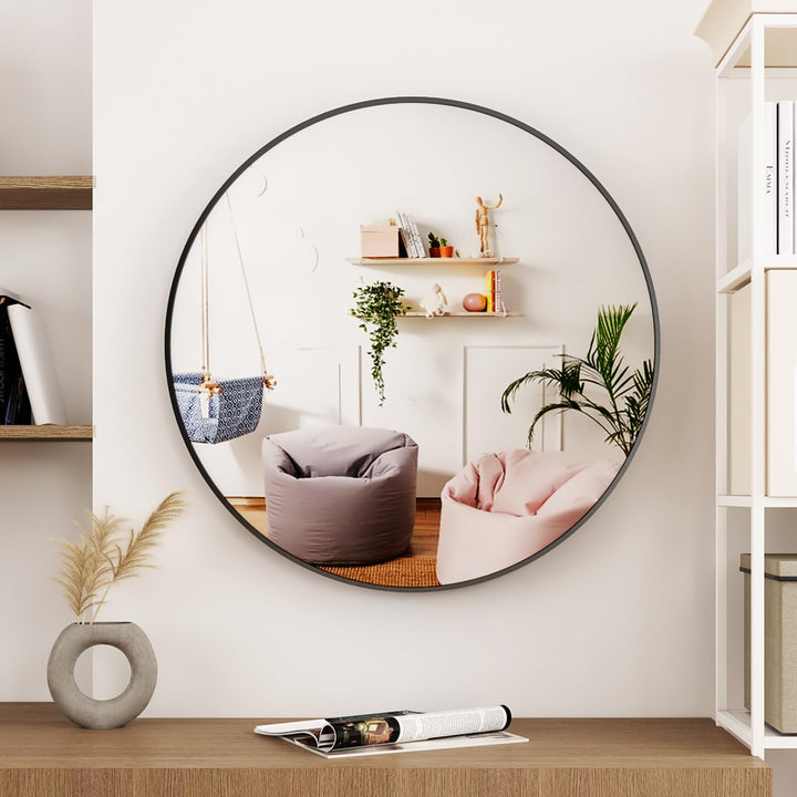 Koonmi Miroir Mural Rond Noir 60 cm avec Cadre en métal brossé pour Salle de Bain, lavabo, Salon, Chambre à Coucher, entrée Murale…