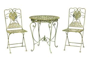 Salon de jardin - 1 table et 2 chaises - fer forgé - style antique - blanc/vert