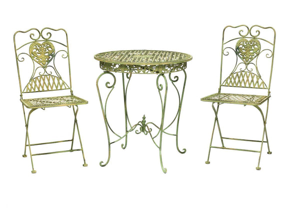 Salon de jardin - 1 table et 2 chaises - fer forgé - style antique - blanc/vert