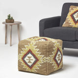 HOMESCAPES Pouf carré en Laine Kilim Jaipur, Pouf tressé à Motif géométrique, Pouf berbère et bohème déco 43 cm