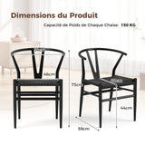 COSTWAY Chaise Wishbone Style Scandinave, Chaises avec Cadre en Métal, Dossier en Y, Assise Tressée, Chaise Design pour Salle à Manger, Salon, Bureau (Noir,2)