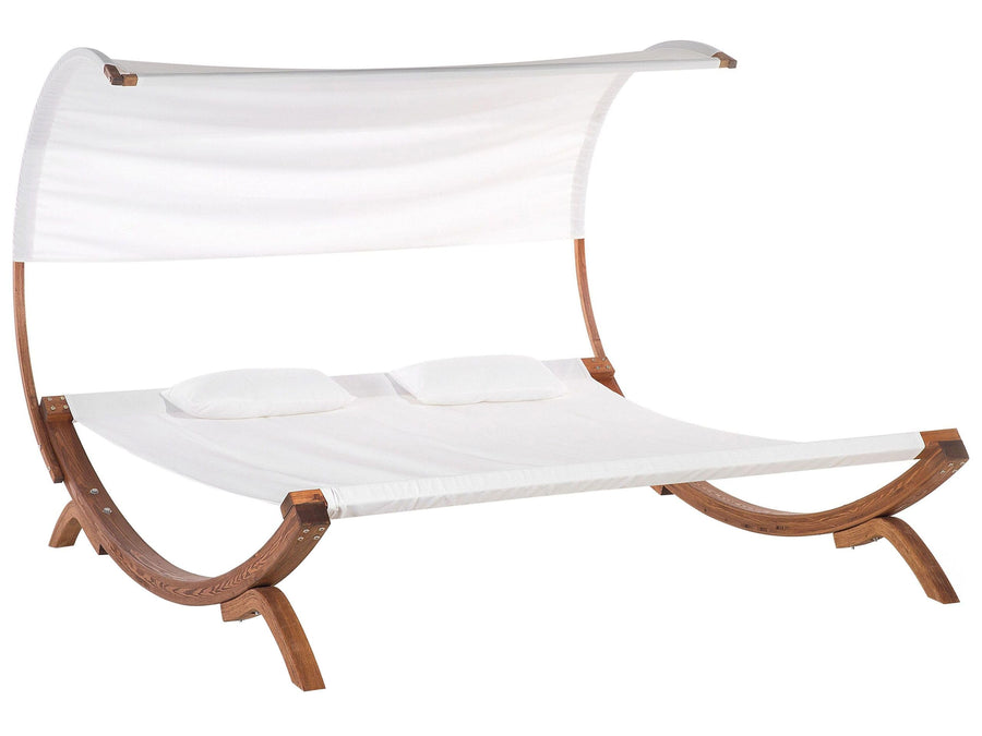 Lit Double de Jardin ou Terrasse en Bois de Larix et Textile Blanc Beige avec Capote Design Ultra Élégant et Confort Optimal Beliani