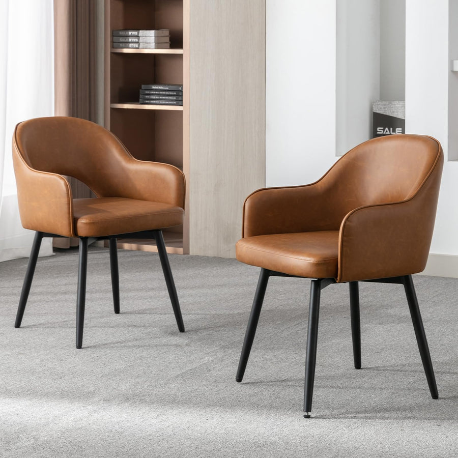 chairus Lot de 2 Chaises de Salle à Manger en Cuir PU Moderne Fauteuil Rembourrée Chaise Pivotante à 360° pour Bureau Salon (Marron-2 (Cuir PU))