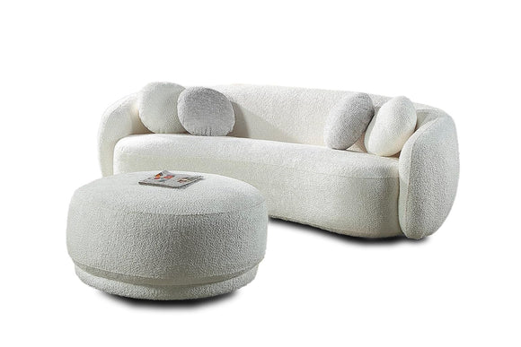 FERUCCI Canapé Design Arrondi avec Pouf en Tissu bouclé Siena (Blanc)