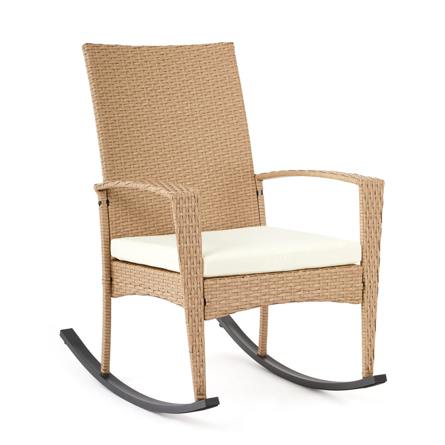 Mondeer Chaise de Jardin Exterieur Fauteuil à Bascule en Rotin Fauteuils de Salon à Bascule Rocking Chair avec Coussin D'assise Déhoussable Fauteuil Relax Jardin Plein Air Beige