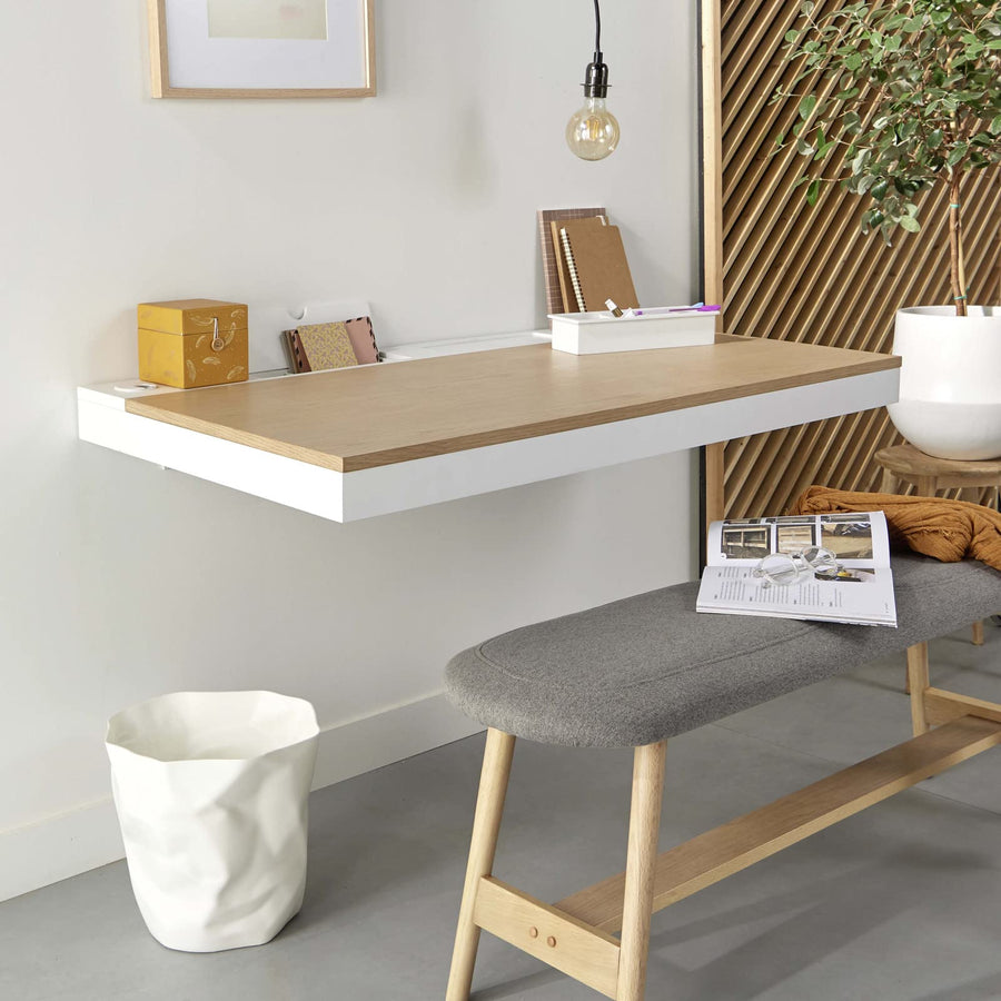 MOB-IN Bureau Mural Bois et Blanc 120 cm Hang MOB-IN Bureau Mural Bois et Blanc 120 cm Hang