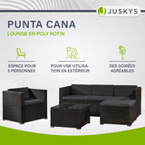 Juskys Salon de Jardin en polyrotin Lounge Punta Cana L, résistant aux intempéries - avec canapé, Fauteuil, Tabouret, Table & Coussins - 4-5 Personnes - Ensemble de Meubles de Jardin Noir/Gris