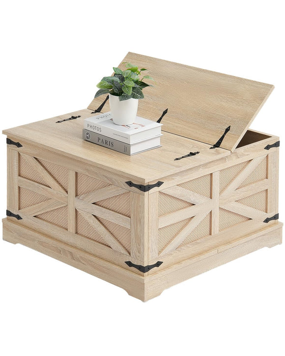 VEVOR Table Basse Rectangulaire, Table de Salon en Rotin, avec Plateau en MDF, Meuble de Rangement de Style Bohème Moderne de 80 cm, avec Charnières en Métal Rétro, pour Chambre et Petits Espaces