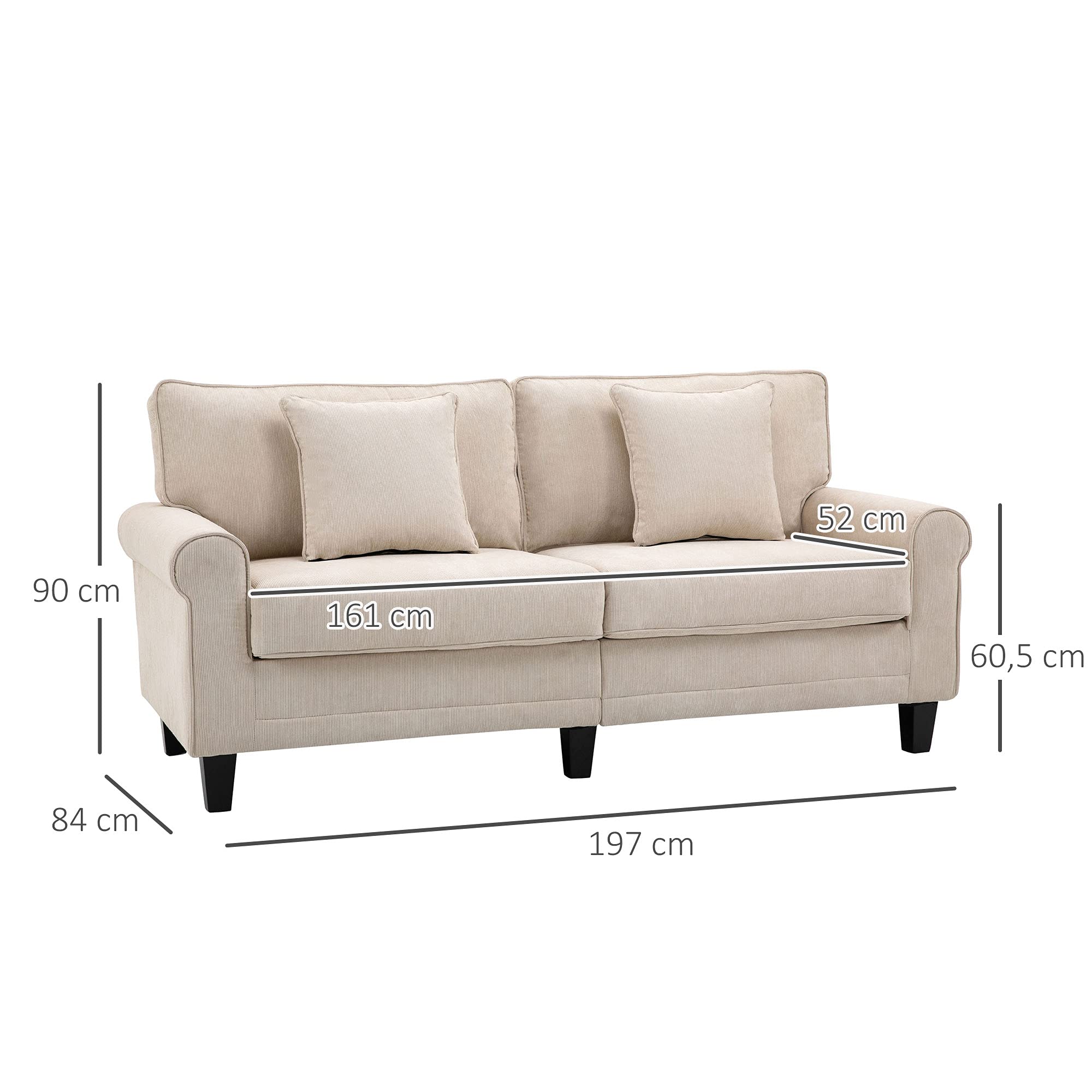 HOMCOM Canapé 3 Places dim. 197L x 84P x 90H cm Coussin déco. Inclus Pieds Bois Massif pin Tissu Aspect Velours côtelé Beige