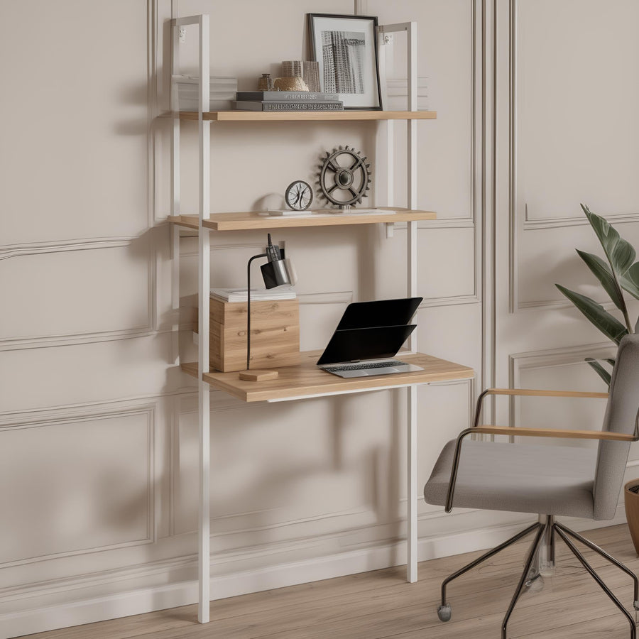 Échelle Murale Industrielle à 2 étagères, Petit Ordinateur ou Bureau d Échelle Murale Industrielle à 2 étagères, Petit Ordinateur ou Bureau d'écriture, Bois et mélal Blanc