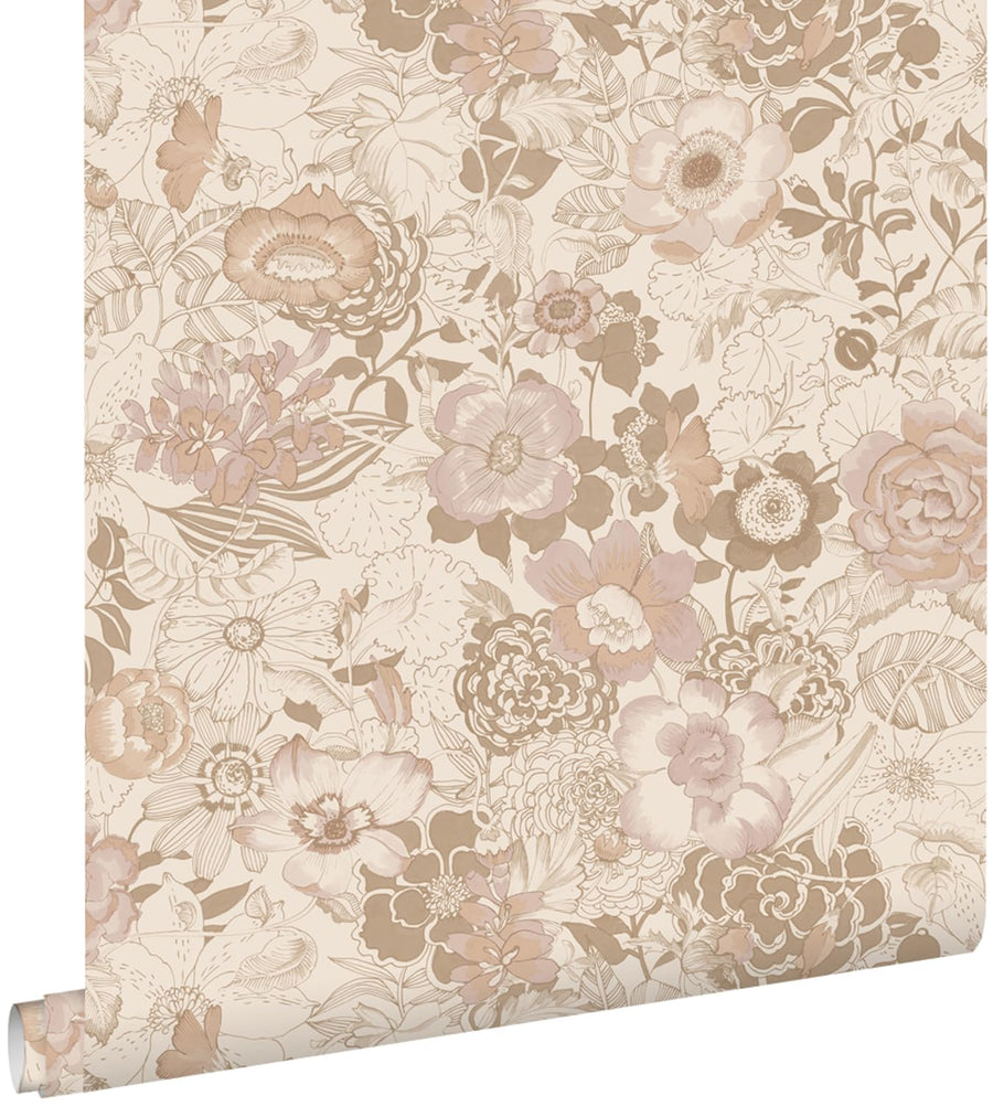 papier peint fleurs vintage beige et vieux rose 0.53 x 10.05 m - ESTAhome papier peint fleurs vintage beige et vieux rose 0.53 x 10.05 m - ESTAhome
