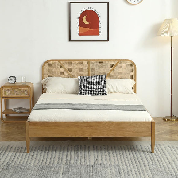 HOMIFAB Lit Adulte 160x200 cm en placage chêne avec tête de lit en Bois Massif et cannage Naturel - Leonie