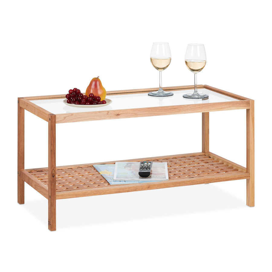 Relaxdays Table d Relaxdays Table d'appoint, Console en Bois de Noyer et Verre, H x L x P : 40 x 80 x 40 cm, pour Salon, Nature