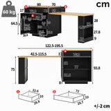 DHHU Îlot Central Cuisine avec Plan de Travail Extensible 122.5–195.5 cm, Table de Bar avec 3 Tiroir et 1 Porte de Rangement, Espace Rangement de Ouvert, pour 2-6 Personnes (Noir-6S)