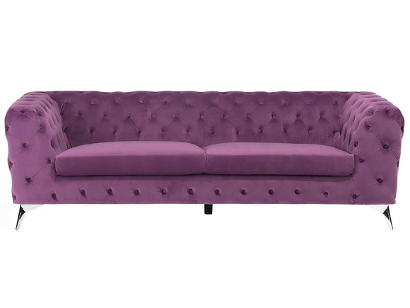 Beliani Canapé Fixe 3 Places Capitonné en Velours Violet de Qualité Idéal pour Salon au Design Glamour et Traditionnel