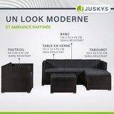 Juskys Salon de Jardin en polyrotin Lounge Punta Cana L, résistant aux intempéries - avec canapé, Fauteuil, Tabouret, Table & Coussins - 4-5 Personnes - Ensemble de Meubles de Jardin Noir/Gris