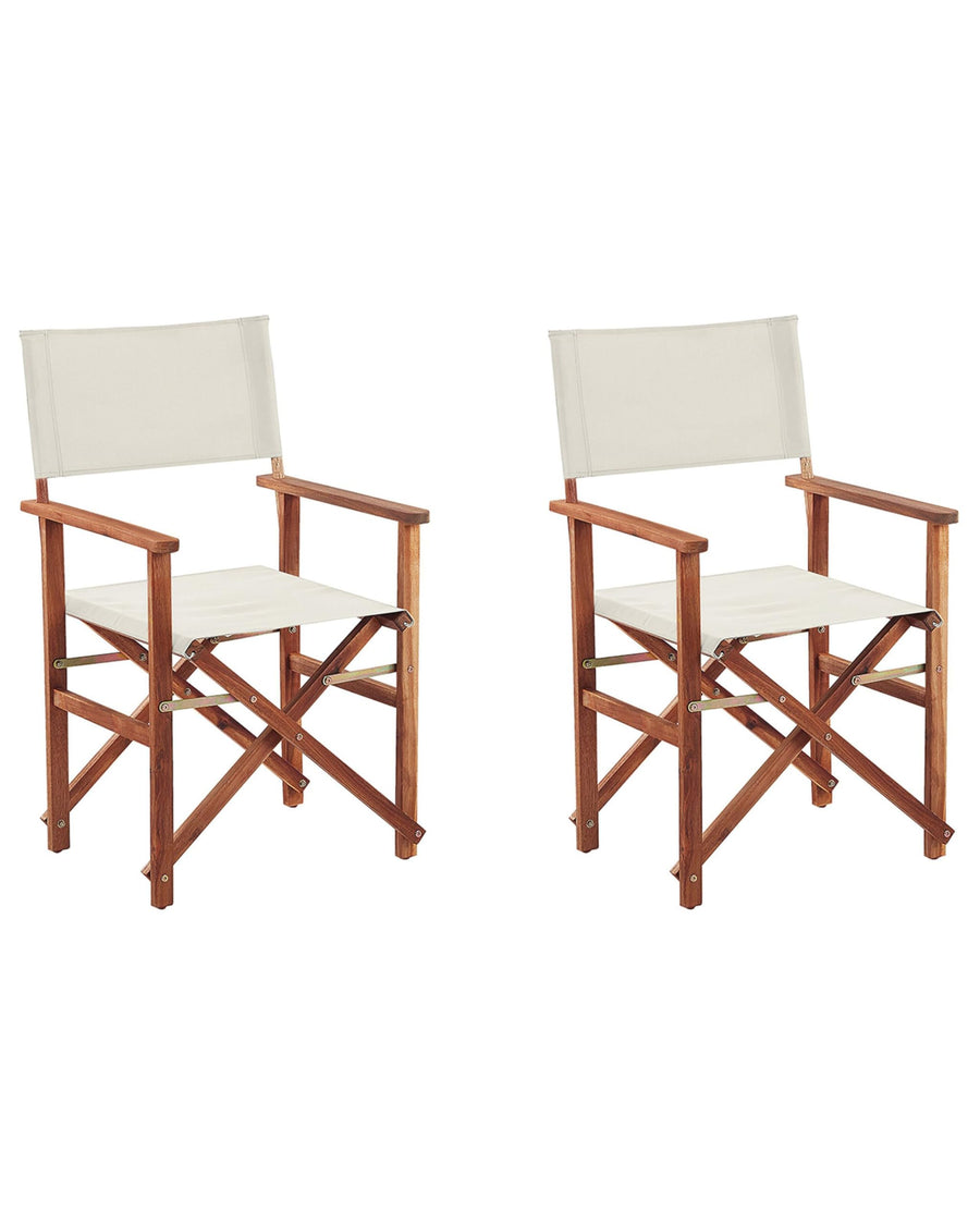 2 Chaises Fauteuils Metteur en Scène Pliantes en Bois Acacia Naturel avec Accoudoirs et Assise Blanc Cassé pour Jardin Extérieur Boho
