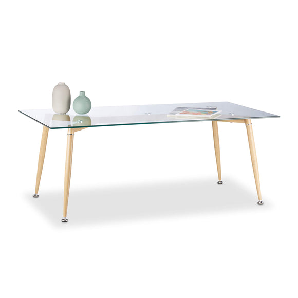 Relaxdays Basse en Verre, Dessus Table Trempé, Pieds Métal Aspect Bois HLP : 45 x 120 x 60 cm, Transparent/Marron, Durchsichtig/Braun