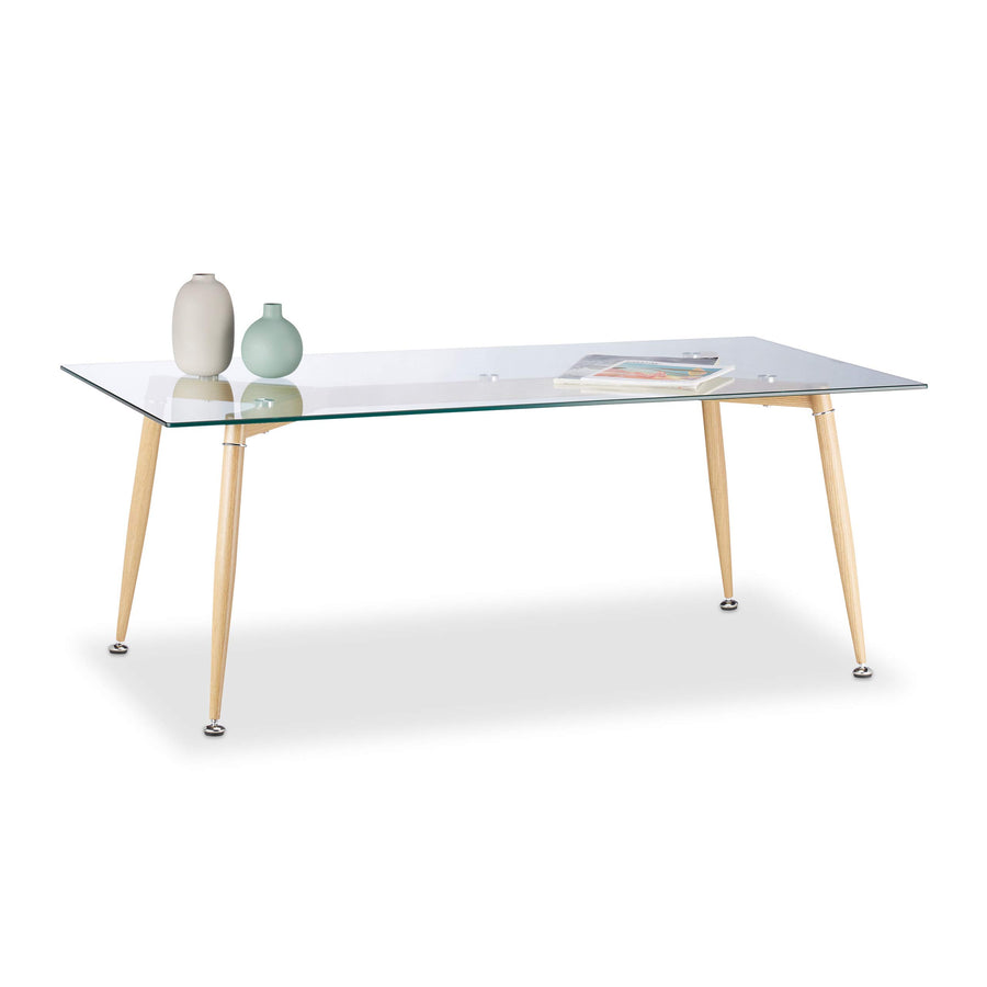 Relaxdays Basse en Verre, Dessus Table Trempé, Pieds Métal Aspect Bois HLP : 45 x 120 x 60 cm, Transparent/Marron, Durchsichtig/Braun