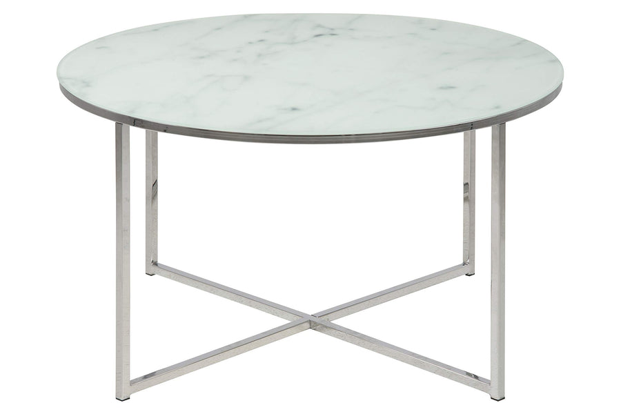AC Design Furniture Antje Table Basse Ronde, Ø: 80 x 45 cm, Aspect Marbre Blanc /Chrome, Verre/Metal, 1 pc AC Design Furniture Antje Table Basse Ronde, Ø: 80 x 45 cm, Aspect Marbre Blanc /Chrome, Verre/Metal, 1 pc