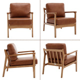 Wahson Fauteuil Salon Confortable Fauteuil Scandinave en Bois Fauteuil en Cuir PU, Fauteuil Loisir Moderne pour Salon et Chambre, Marron