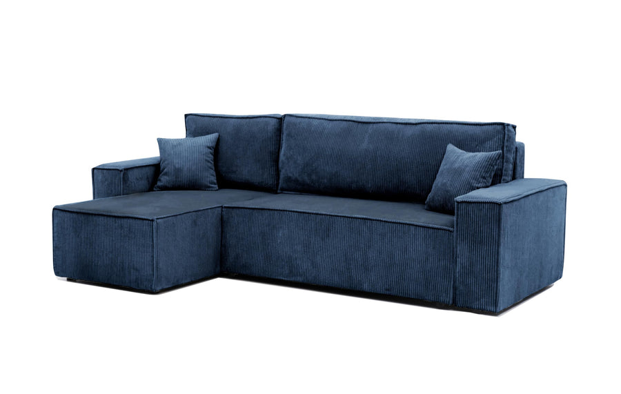 GREKPOL Canapé d GREKPOL Canapé d'angle Convertible 244x145 Velours Côtelé à Gauche ou à Droite - Canapé avec Espace de Rangement - Sofa Bleu - Canapé 3 Places Convertible - Canapé Lit - Canapé Convertible