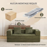 KOMHTOM Canapé-Lit Convertible Modulaire en Velours Côtelé, Canapé 3 Places, DIY Libre, Structure Métal, Porte-Gobelet et Rangement pour Petit Espace et Salon (Vert)
