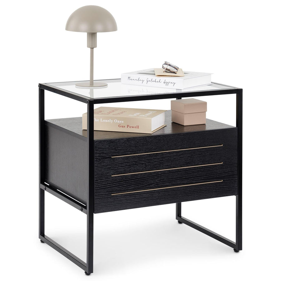 IDIMEX Table de Chevet ARUMA H 51 cm avec 1 tiroir, Plateau en Verre au Style Moderne et Industriel Coloris Noir, pour Chambre avec Rangement Niche Ouverte IDIMEX Table de Chevet ARUMA H 51 cm avec 1 tiroir, Plateau en Verre au Style Moderne et Industriel Coloris Noir, pour Chambre avec Rangement Niche Ouverte