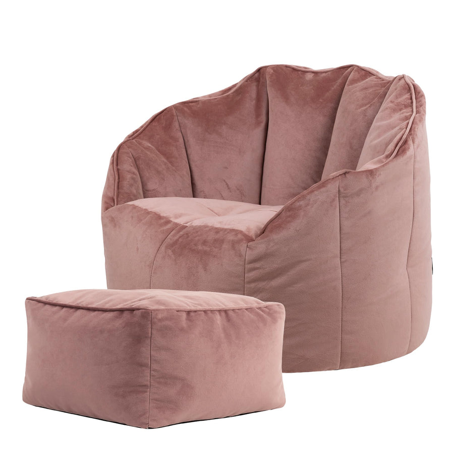 Icon Sirena Fauteuil Pouf Velours avec Tabouret, Pouf Chambre avec Remplissage, Fauteuil Salon Confortable, 1 Place, Chaise Chambre, Meuble Salon, Rose Poudre
