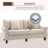 HOMCOM Canapé 3 Places en Tissu Velours côtelé, canapé Salon, 197 cm, avec accoudoirs et Dossier rembourrées, canapé avec 2 oreillers, Pieds en Bois Massif de pin, pour Salon, Chambre, Bureau, Beige