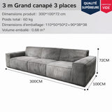 Générique Canapé-Lit Double 3,00m en Velours Côtelé Gris, Compression Vide, Mousse Haute Densité, 300x100x72cm, Design Moderne Sculptural pour Salon