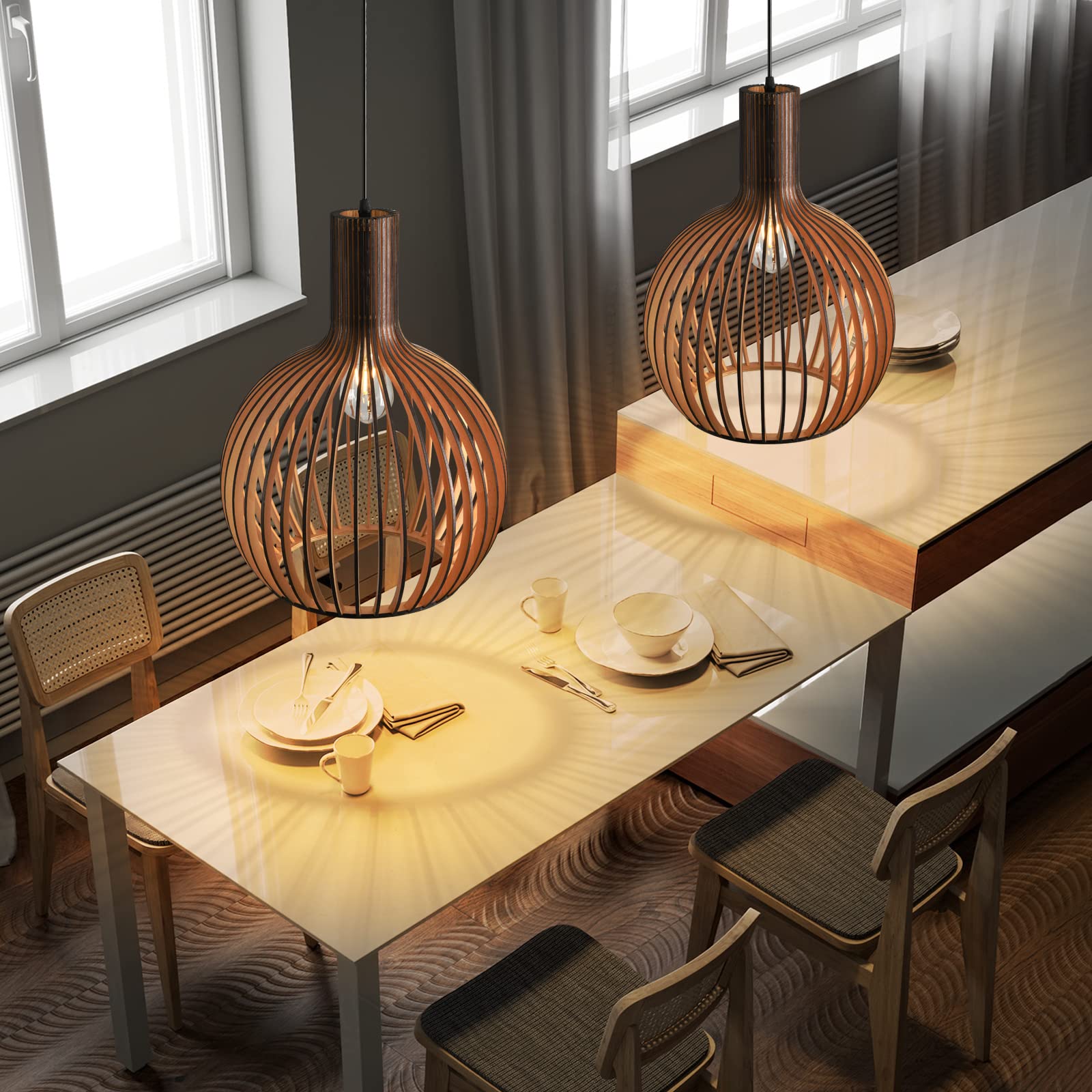 Lustre Moderne En Bois E27 30cm - Suspension Plafonnier Gris Pour Cuisine Et Salon
