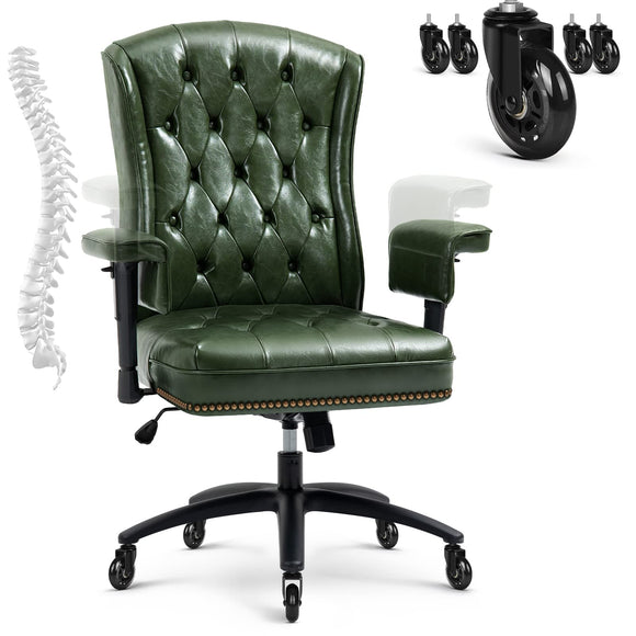 YAMASORO Fauteuil Bureau 150kg Rétro en Cuir Vert avec Roues en Caoutchouc, Chaise de Bureau Ergonomique avec Dossier Haut, Cuir Ciré Oli Vert