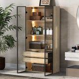 KOMHTOM Armoire de Rangement LED pour Salle de Bain avec Portes en Verre, Meuble Rangement Salle de Bain avec tiroirs Armoire de Toilette Moderne et Minimaliste vitrine en Verre (1)
