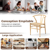 COSTWAY Chaise Wishbone Style Scandinave, Chaises avec Cadre en Métal, Dossier en Y, Assise Tressée, Chaise Design pour Salle à Manger, Salon, Bureau (Naturel,2)