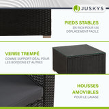 Juskys Salon de Jardin en polyrotin Lounge Punta Cana L, résistant aux intempéries - avec canapé, Fauteuil, Tabouret, Table & Coussins - 4-5 Personnes - Ensemble de Meubles de Jardin Noir/Gris