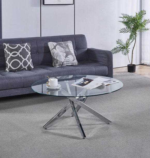 Hallowood Furniture Cullompton Table basse en métal avec plateau en verre, table en verre avec 4 pieds chromés croisés, petite table centrale, table basse ronde pour salon